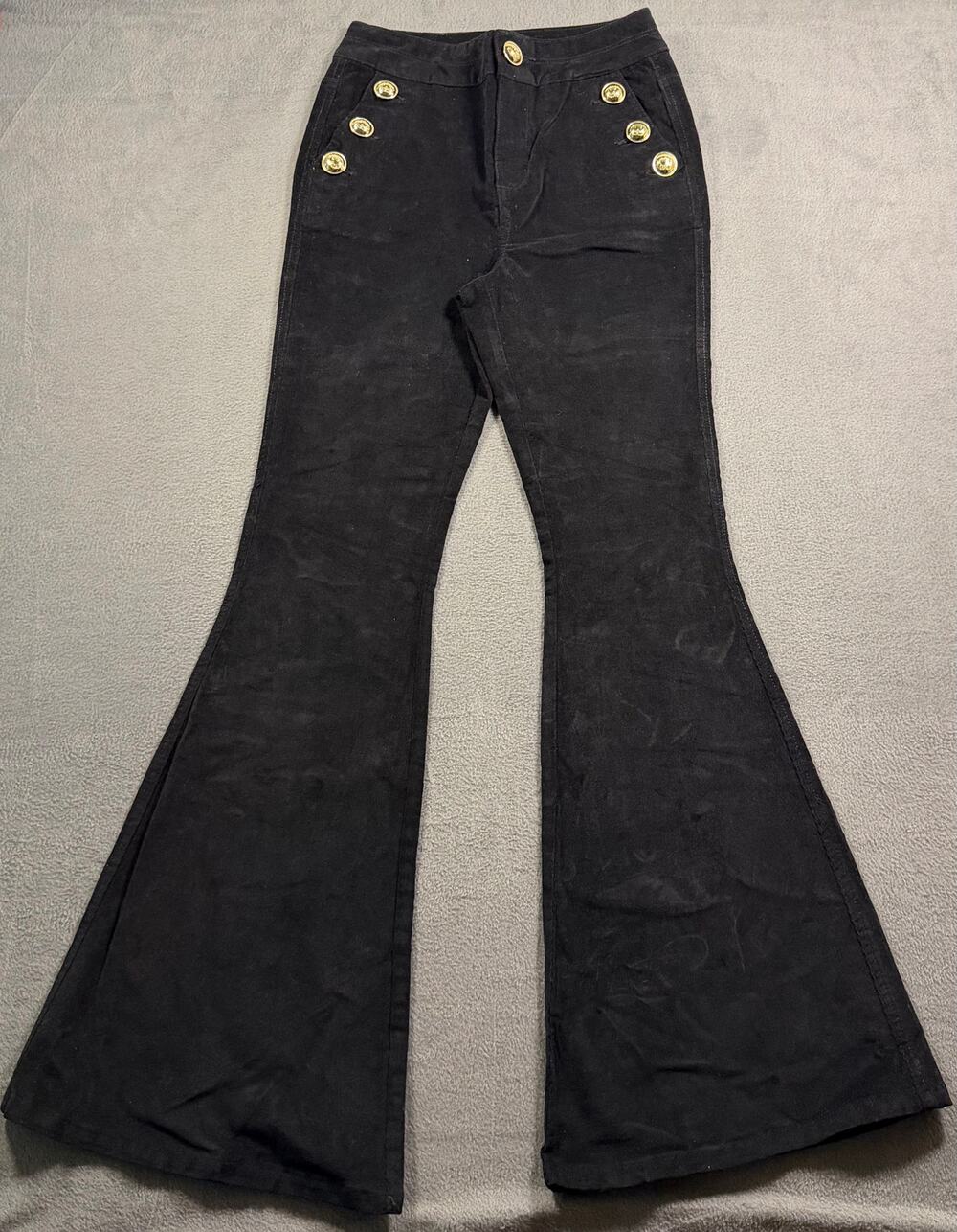 Venus Black Corduroy Sailor‎ Flare Pants Size 4 Gold Button High Waisted